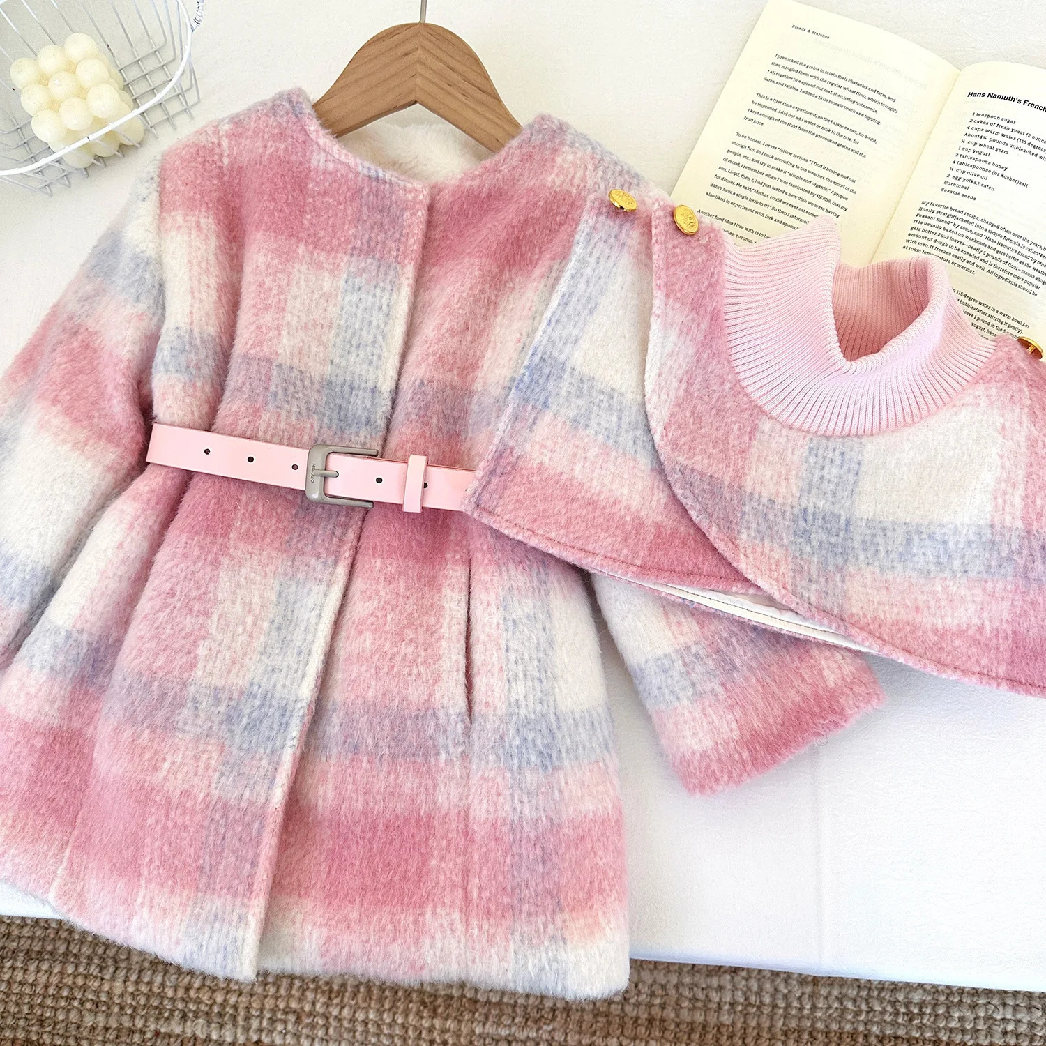 Kids Girls Jacket Coat Outwear Sweet Thicken Winter Woolen Coat for Girls Outdoor Overcoat Childrens Year Clothes With Belt 251103