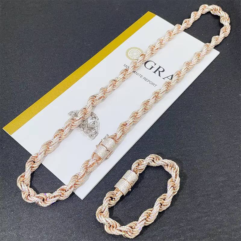 18K Gold 8mm Spring Buckle Twisted Chain Full Hip Hop Bracelet with Twist Rope Cuban Link Moissanite Bracelets Bangles