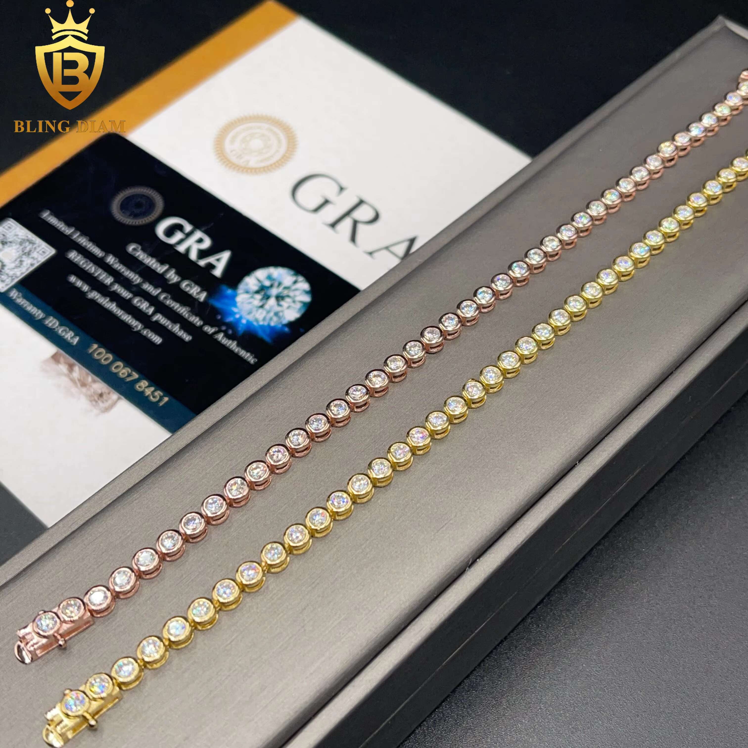 Blingdiam Jewelry 925 Silver Gold Plated VVS Moissanite Pass Diamond Tester Tennis Chain 3mm Bracelet Necklace