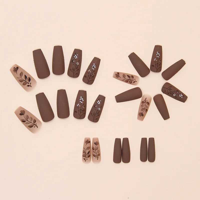 24 pieces of caramel flower pressed on nails pink gradient fake nails smooth artificial fingers reusable female fake nails W250410