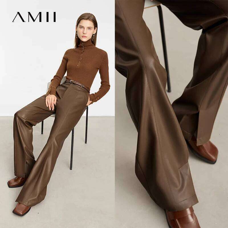 AMII Minimalist PU Leather Casual Pants For Women 2025 Autumn New Loose Floor Length Straight Slit Female Trousers 12343250