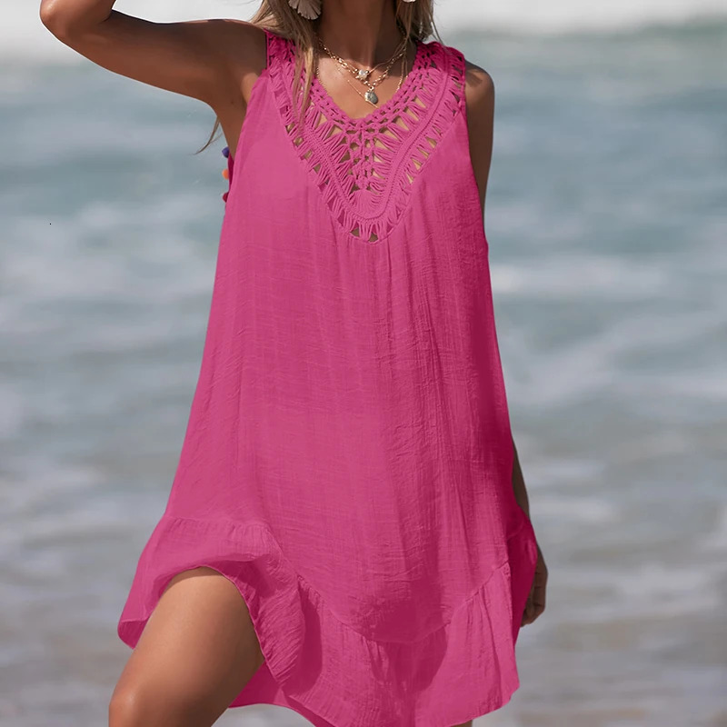 Womens Vneck backless hollow short crochet spliced black fungus dress with colorful ball beach swimsuit cover 250408