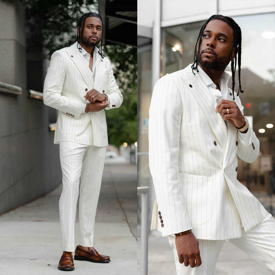 Formal Man Tuxedos Pinstripe 2 Piece Set Jacket Pants Men Suit Peaked Lapel Double Breasted Wedding Groom Coat Customized