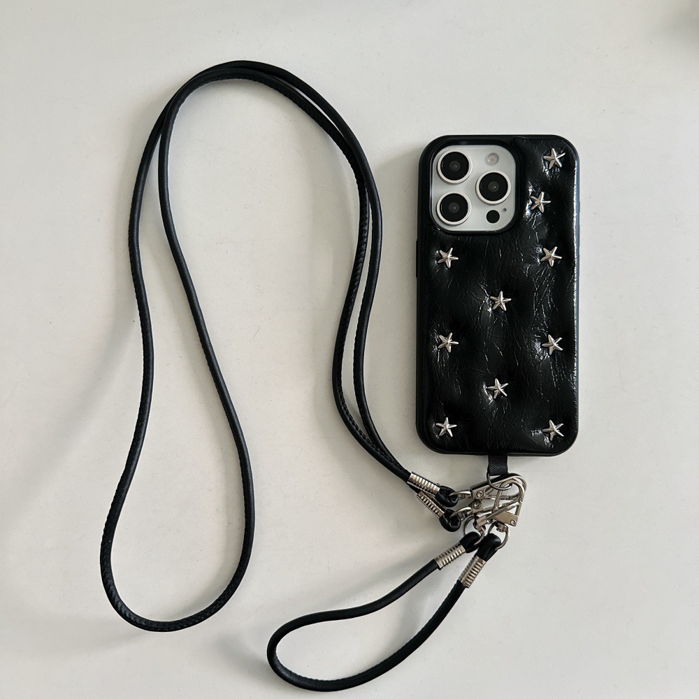 Black Oil Wax Leather Pentagram Rivet Phone Case Compatible with iPhone 17/16 Simple Anti-drop iPhone 15/14 Pro Niche