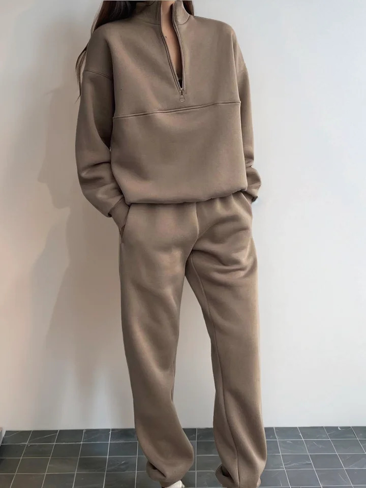 European and American Cross border AutumnWinter Fashion Zipper Collar Solid Color Casual Two Piece Set 251110