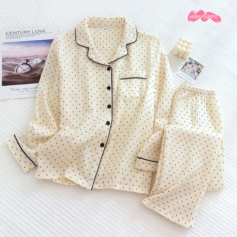 100% Cotton Gauze Women Pamas Polka Dot Print Sleepwear 2025 Spring Female 2 Piece Set Nightwear Lady Pyjamas Loungewear ddmySept
