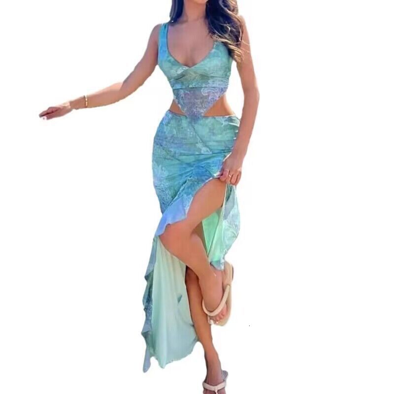 2025 Fashion Women's Summer Sexy Printing Tight Split Long Dress Two Piece Set
