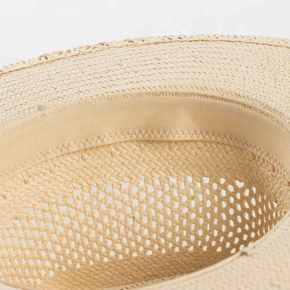 Fashion Women Beige Straw Fedora Hats Ladies Wide Brim Summer Hat Hand Woven Hollow Straw Sun Hat for Derby Travel Beach Hat 250409
