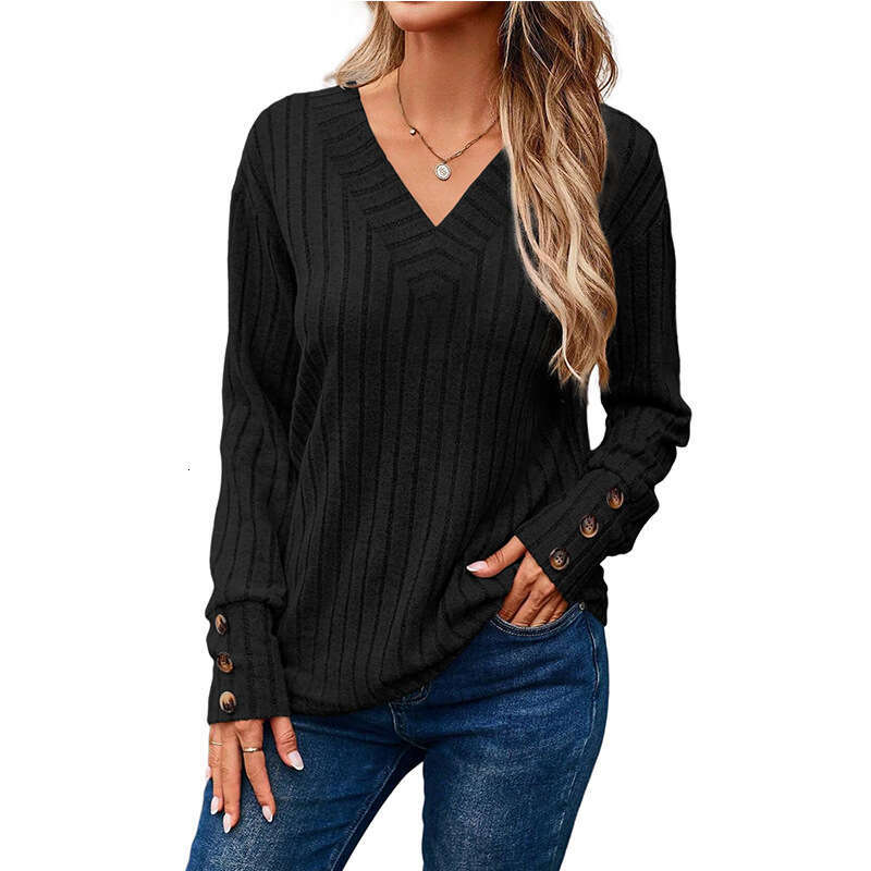 2025 Autumn Winter New European and American Cross-Border Fashion Amazon Women's Long Sleeve V-Neck Shirt Solid Color Button T-Shirt