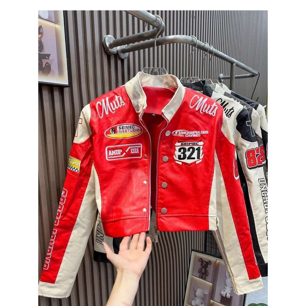 Retro Embroidery Motorcycle Cropped Varsity Jackets Women 2025 Spring PU Faux Leather Racing Baseball Short Coat Female Outwears