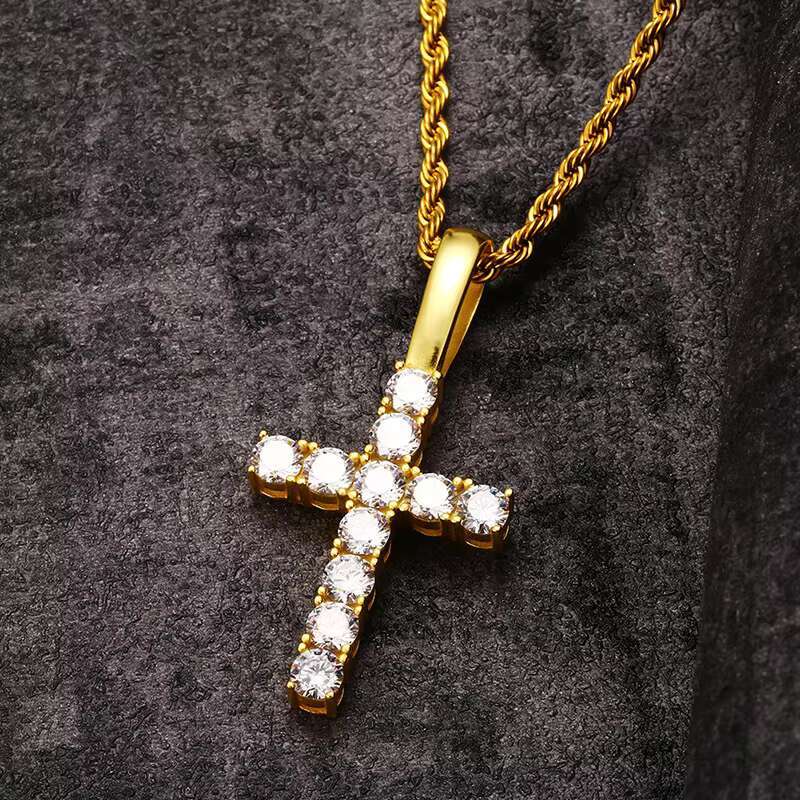 Luxury 5mm Silver 925 VVS D Color Moissanite Jesus Cross Pendant Necklace With Gold Plated Tennis Chain for Parties