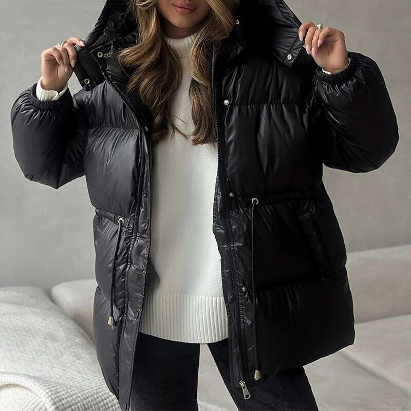 Drawstring Cotton Padded Parka Jackets For Women Hooded Collar Folds Zip-Up Fashion Solid Autumn Winter Warm Outerwear