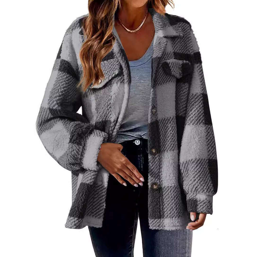 2025 New Cross-Border Women's Clothing Amazon Autumn Winter Plaid Lamb Wool Jacket with Pockets Button Plush Coat