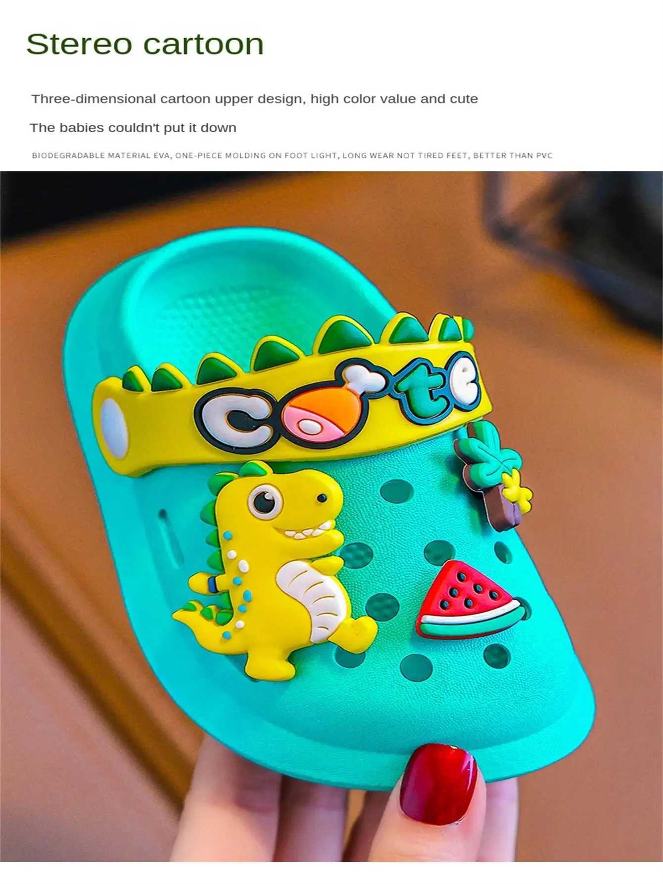 Summer childrens slide hole childrens sandals soft anti slip dinosaur DIY design indoor anti slip boys and girls beach shoes Z250410