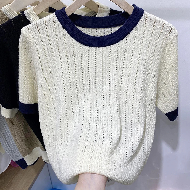 Korean fashion clothing summer thin hollow T-shirt womens knitted top womens casual T-shirt short sleeved T-shirt 250410