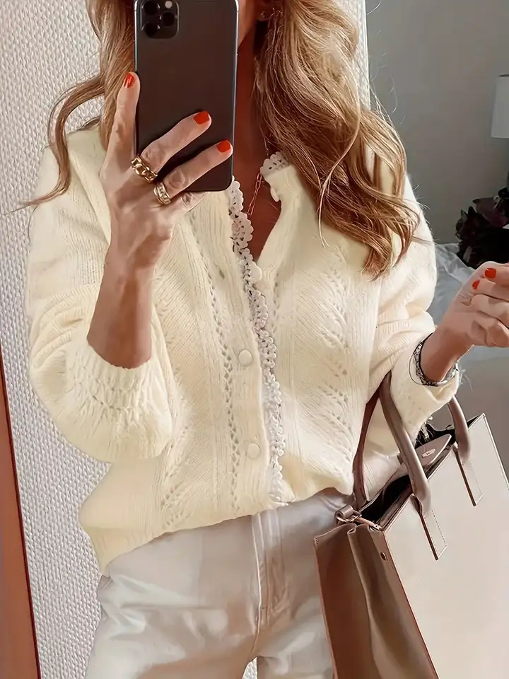 Autumn and winter fashion elegant long sleeved lace patchwork cardigan knitted sweater 251103