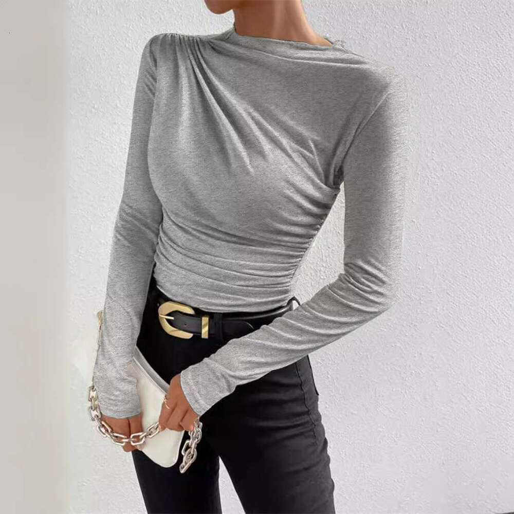 Half High Collar 2024 European and American Solid Color Slim Fit Base Shirt Versatile Ruched Design Long Sleeve T-Shirt Women's Top