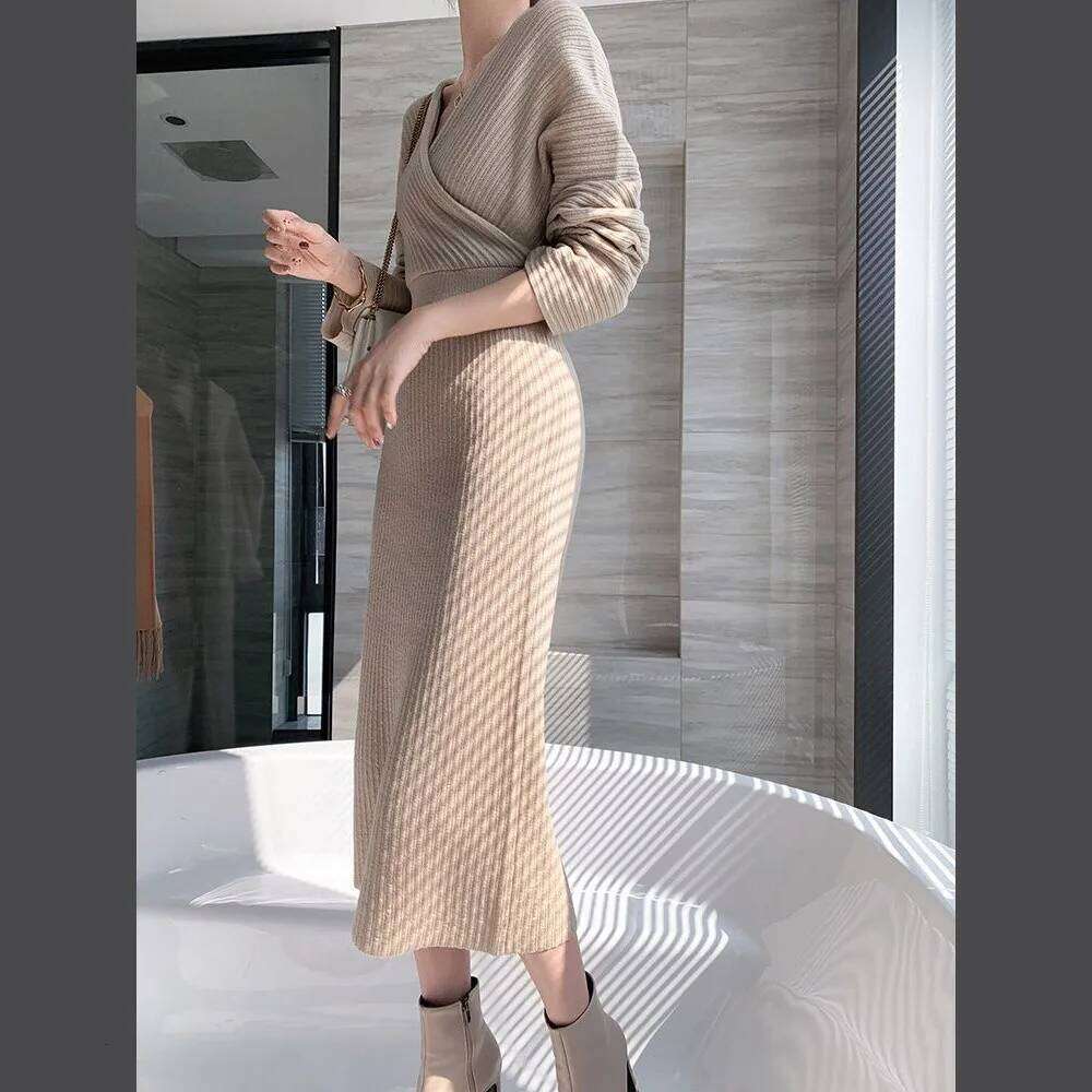 Knitted Sweater Women Autumn Winter New V-Neck With Long Slim Knit Dresses Female High Waist Elegant Evening Party Dress