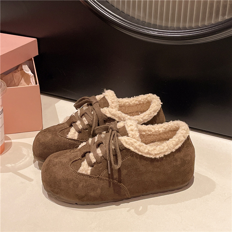 New flat angle lace up wool lined women's fashion shoes, winter retro casual designer soft soled woolen leather shoes, warm cotton shoes