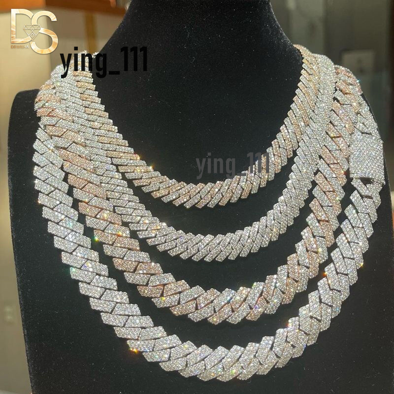 Hip Hop Jewelry Round Cut Prong 8mm-20mm Width Cuban Link Chain Silver Moissanite Necklace and Bracelet
