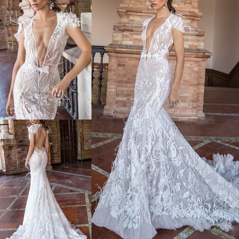 berta mermaid wedding dresses v neck backless lace bridal gowns with feathers sweep train beach wedding dress