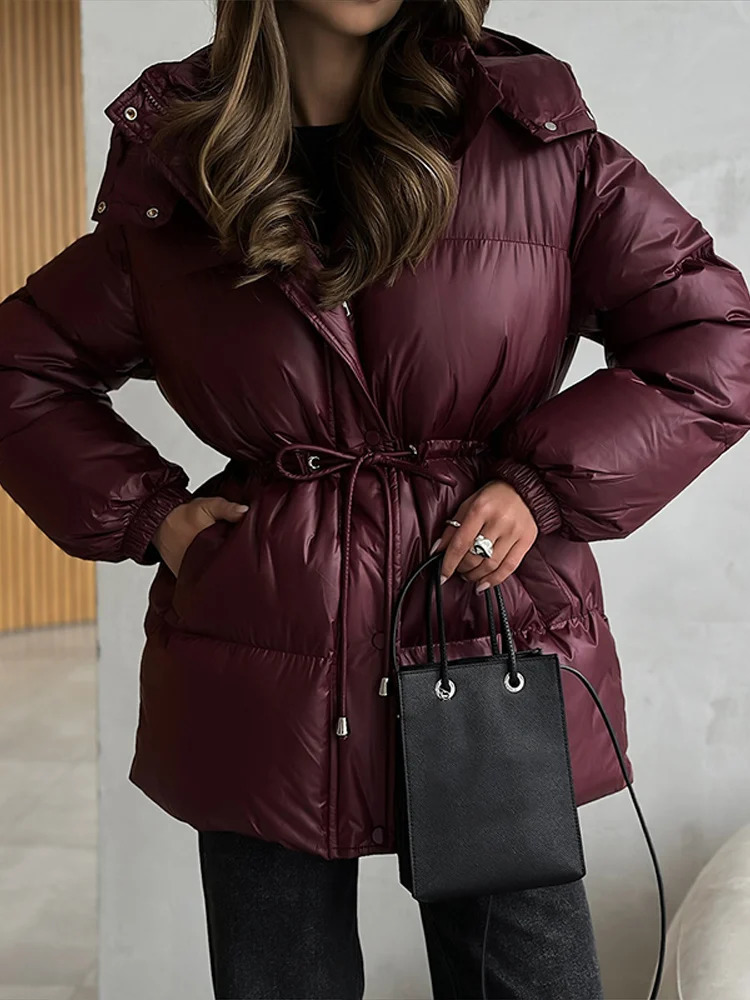 Glossy Shiny Women s Down Jackets Vintage Hooded Zipper Puffer Full Sleeve Jackets For Woman 2025 Woman Winter Coats Outwears 251107