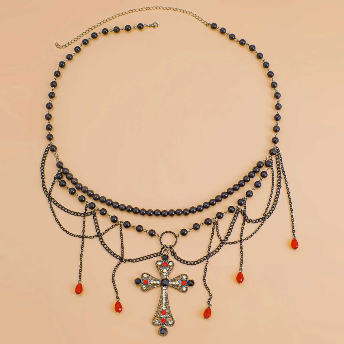 IngeSight. Elegant black crystal cross pendant waist and belly chain used for Gothic Halloween body chain jewelry gifts X250410