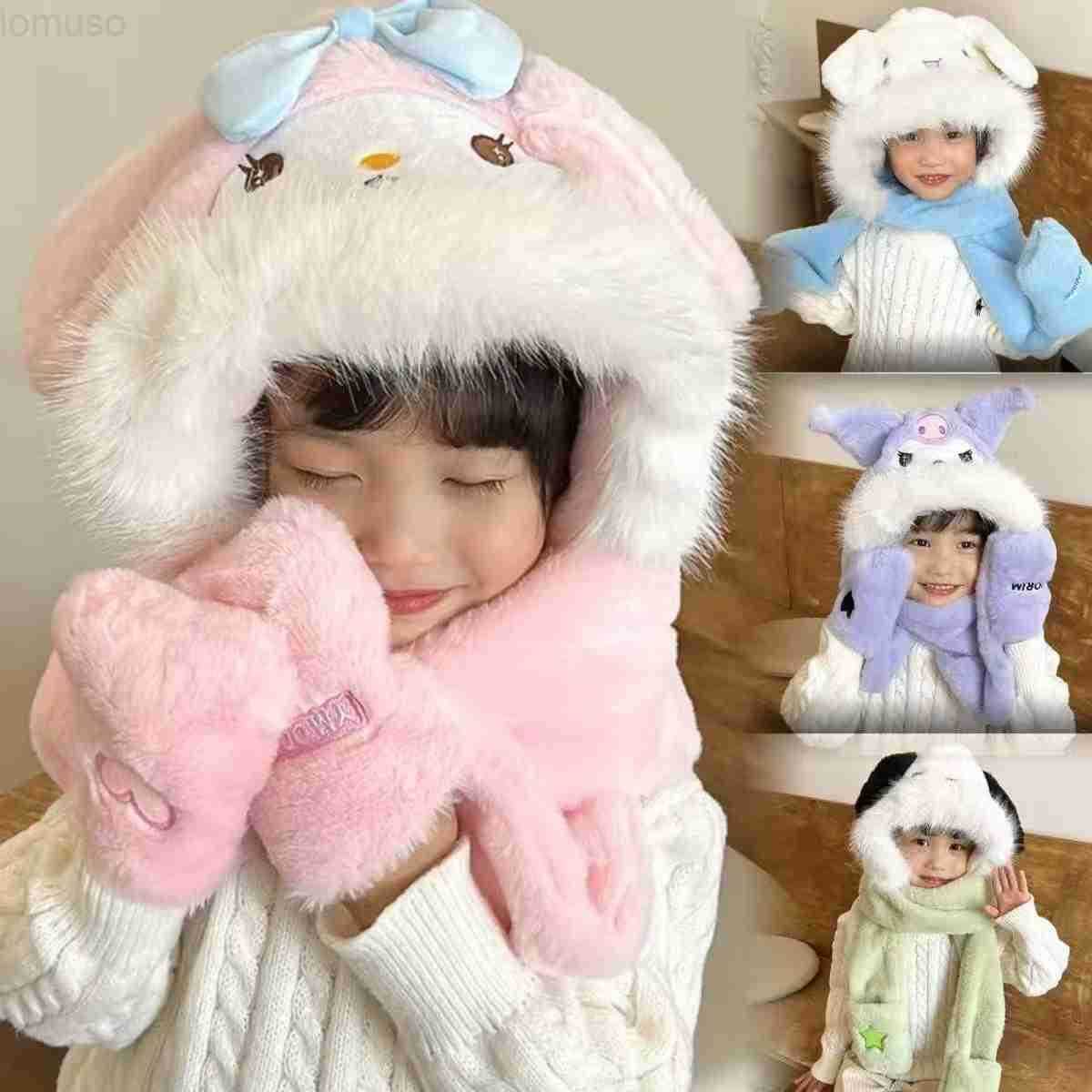 Sanrio Kuromi Childrens Winter Thickened Three-Piece Set Scarf Airbag Hat Integrated Ears Can Move H251110