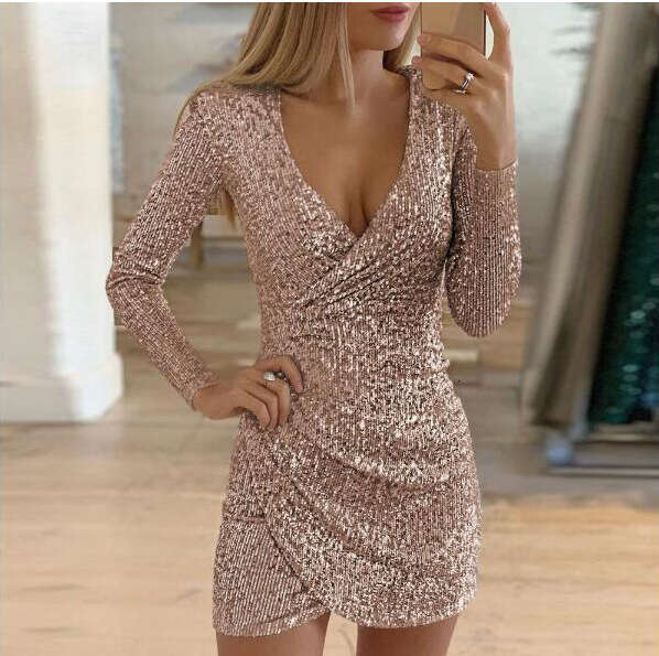 New Autumn Fashion SEXY DRESSES FOR WOMEN V-neck Bodycon Irregular Short Sequin Night club maxi dress