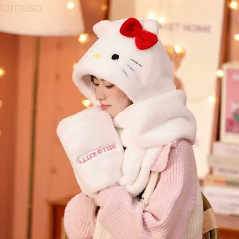 Sanrio Hello Kitty Cartoon Cute Fleece-Lined Warm Hat Scarf and Gloves Creative Kawaii Girl Thickened Warm Student Three-Piece Gift Set H251110
