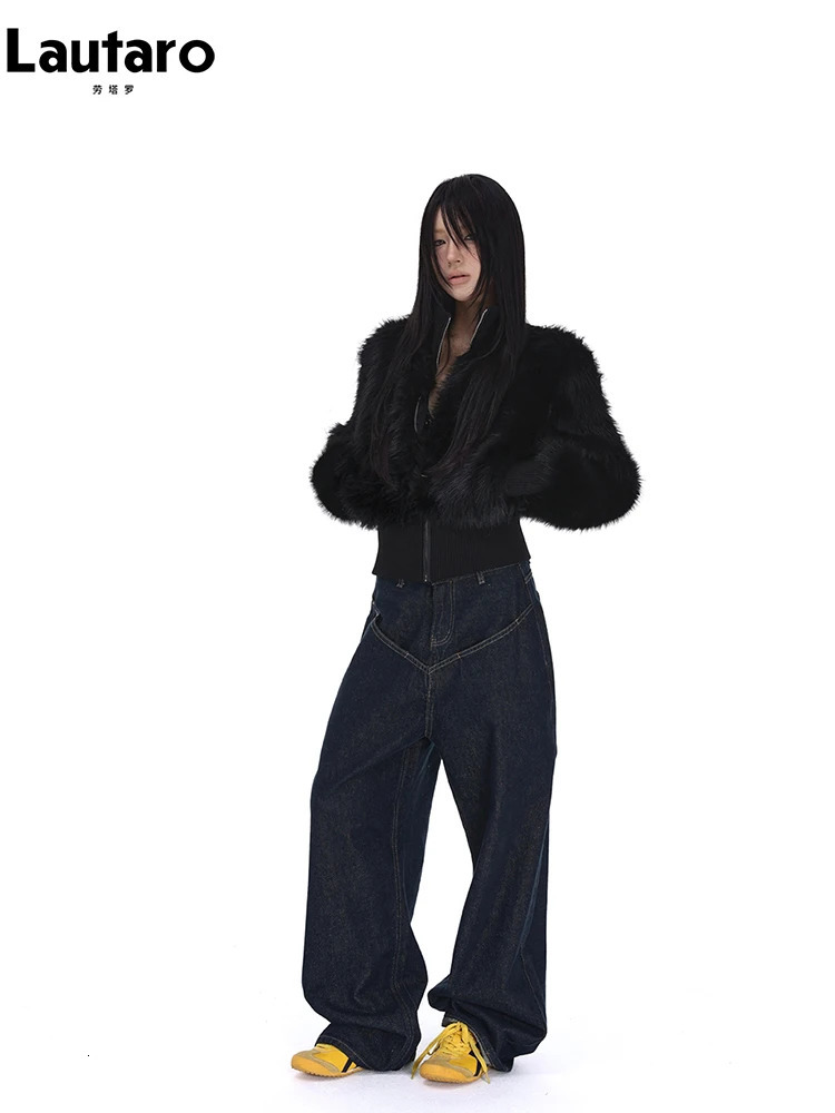 Lautaro Spring Winter Short Black Soft Thick Warm Hairy Faux Fur Coat Women Zip Up y ner Clothes Fluffy Jacket 251110