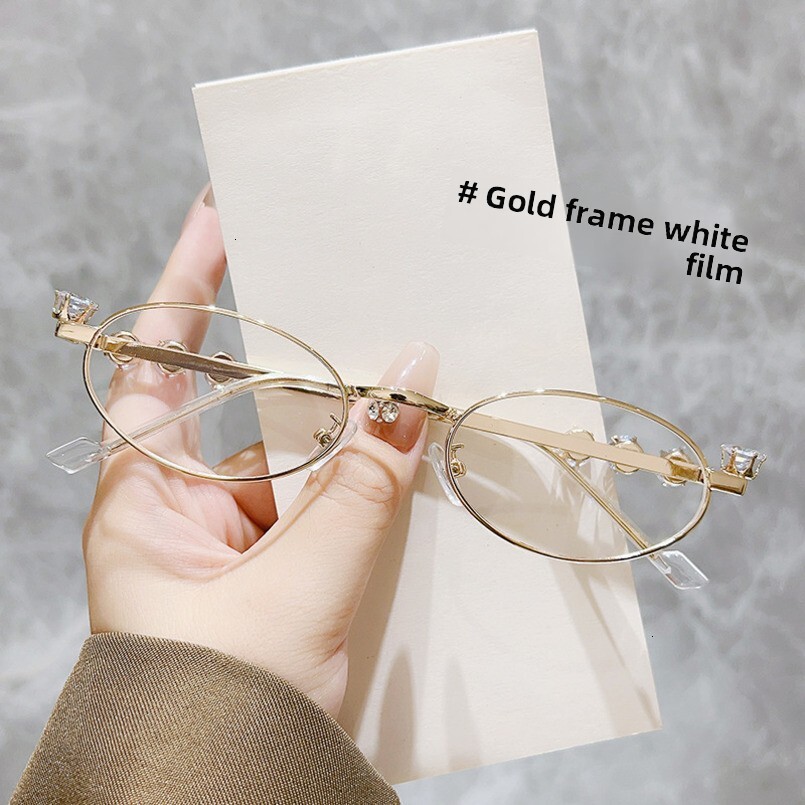 2025 Oval with Rhinestones Small Frame Artistic Style No Makeup Plain Glasses Sunglasses for Women Trendy