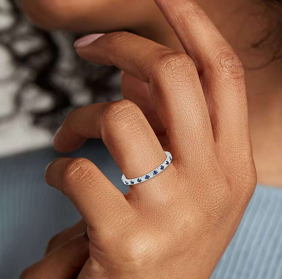 Hand Made Pave Blue VVS Moissanite Diamond Eternity 14k Gold Ring