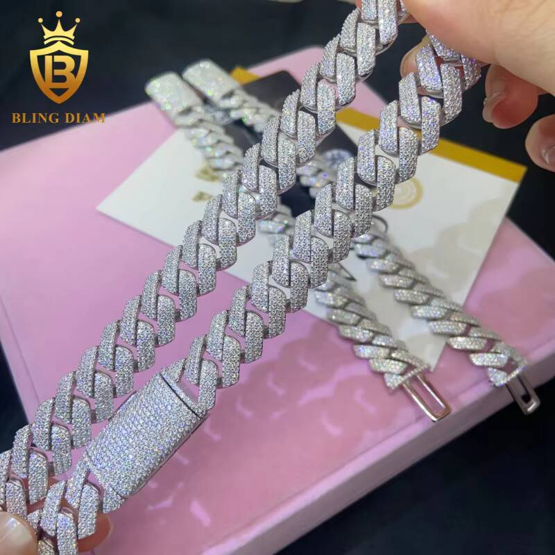 In Stock HipHop Style S925 Moissanite 15mm Cuban Chain Pass Diamond Tester Iced Out Moissanite Necklace Chain Silver with GRA