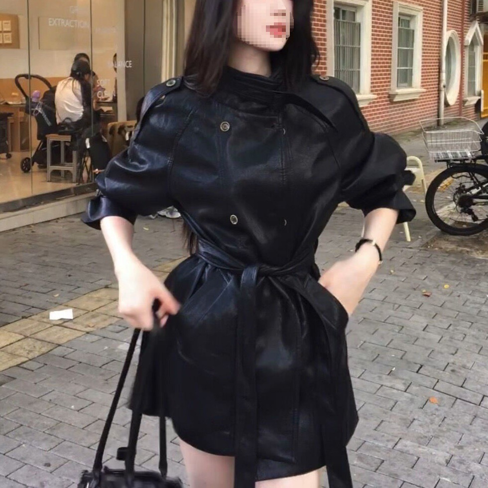 Black Jacket for Women, Mid-Length, Autumn Style, Korean Version, Stand Collar, Belted Windbreaker, PU Leather Coat dongdumaoyi