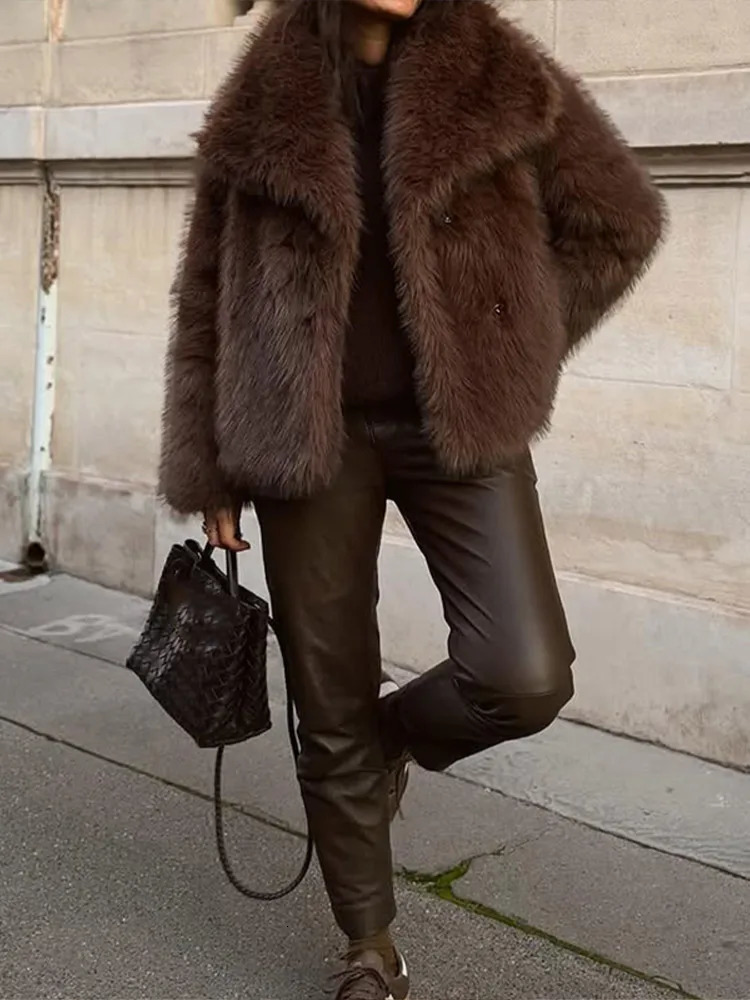 Solid Brown Fluffy Fur Jacket Womens Casual Lapel Loose Long Sleeves Thicken Warm Short Coat Winter Lady Commute Wear 251110