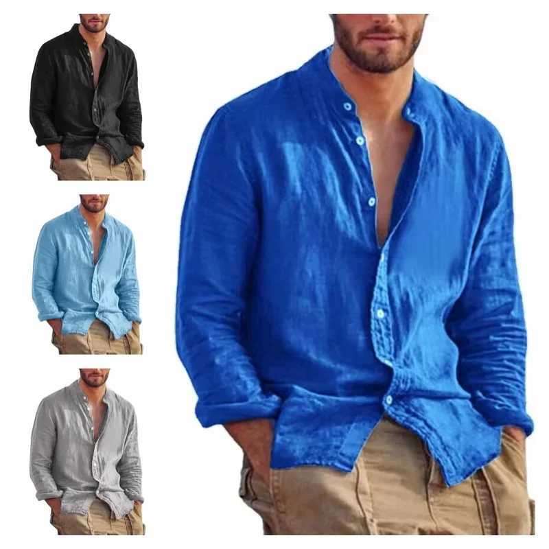 Mens solid color long sleeved linen cotton shirt trend plus size stand up collar casual lightweight beach shirt X250410