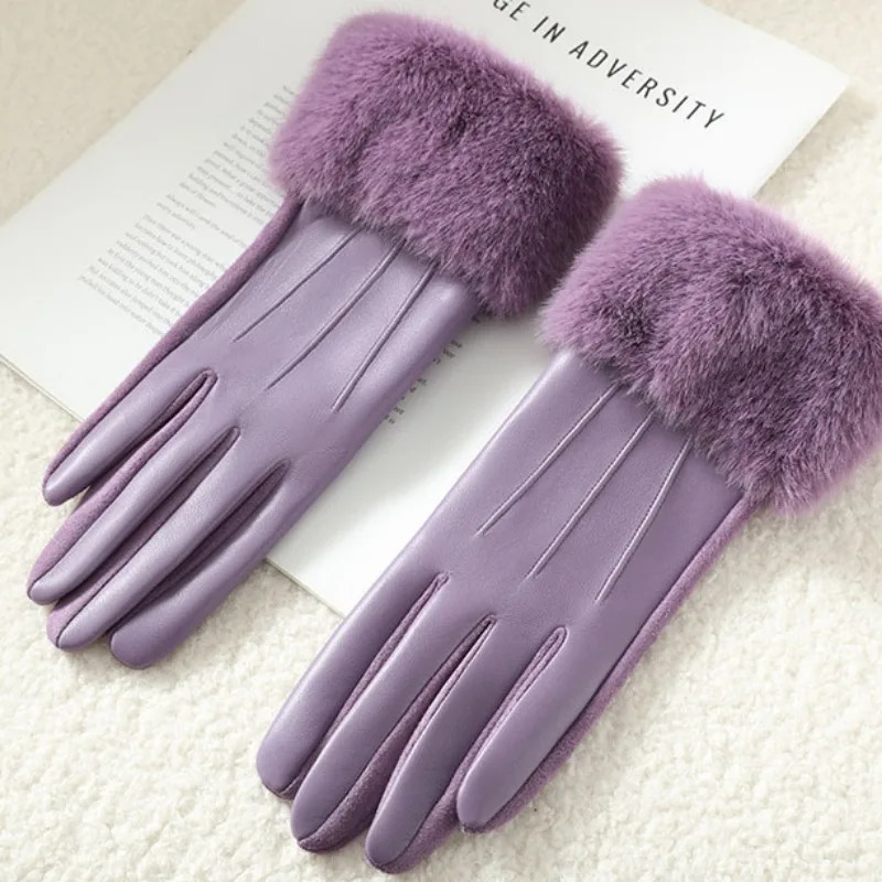 Temperament Women Winter of Mink Fur Suede Leather Gloves Keep Warm Touch Screen Thickened Add Velvet Fashion Elegant 251106