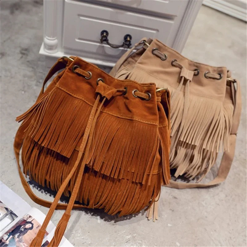 Fashion Retro Faux Suede Fringe Women Messenger Bags Tote Handbag Tassel Shoulder Handbags Crossbody Bag Tassel Bucket 251106