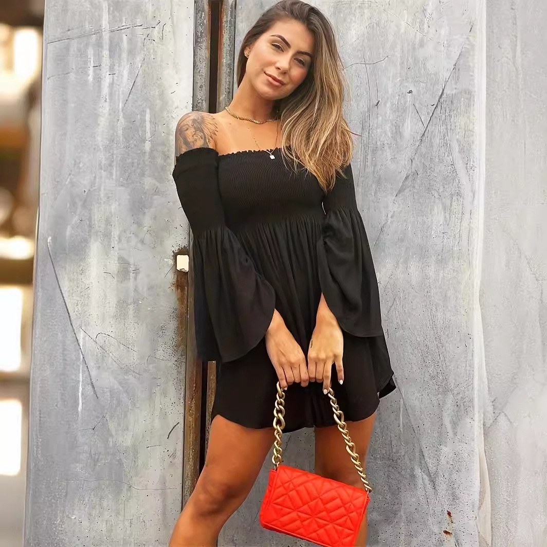 K46Sophisticated Single Shoulder Bell Sleeve Cocktail Dress for US & EU Fashion Enthusiasts