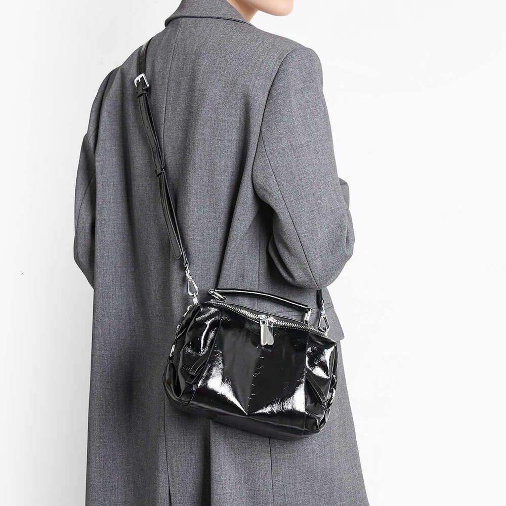 Women's Black Genuine Tote Bag Glossy Full-Grain Crossbody/Handbag With Golden-Tone Hardware, Zipper Closure & Strap - Elegant, Formal, Everyday 