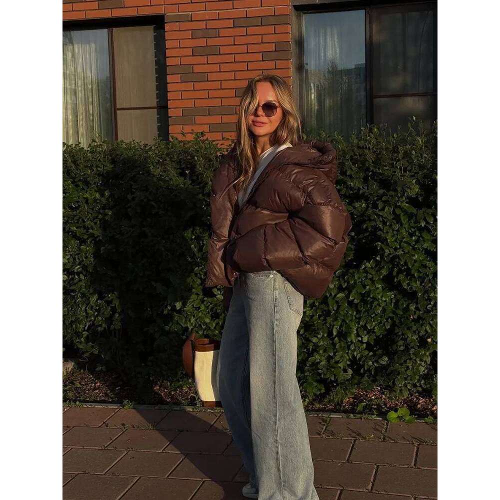 Women Brown Hooded Cotton Coat Fashion Lapel Full Sleeve Zipper Button Warm Loose Short Coats Lady Winter Casual Street Outwear