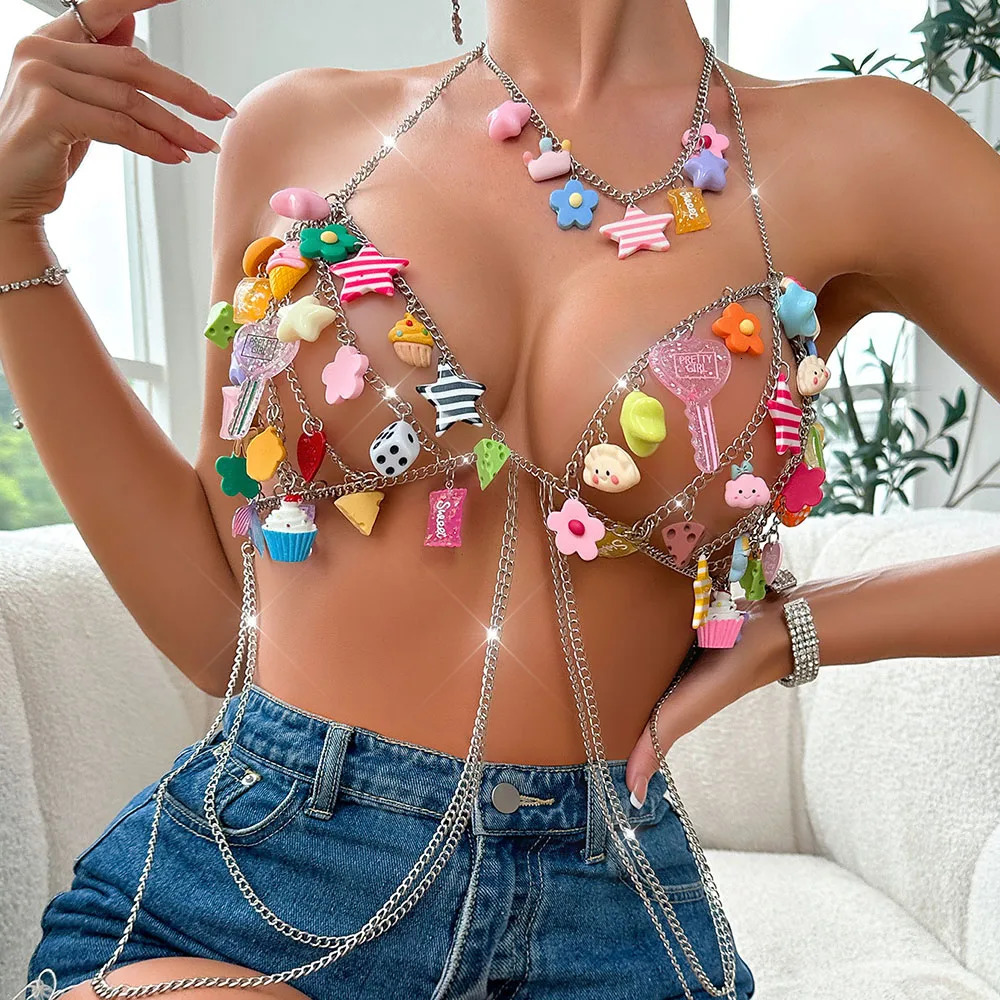 Y2K Sexy Summer Beach Bikini Festival Rave Chest Thoracic Chains Colorful Cartoon Pendant Waist Beads Waist Belly Belt Chain 250409