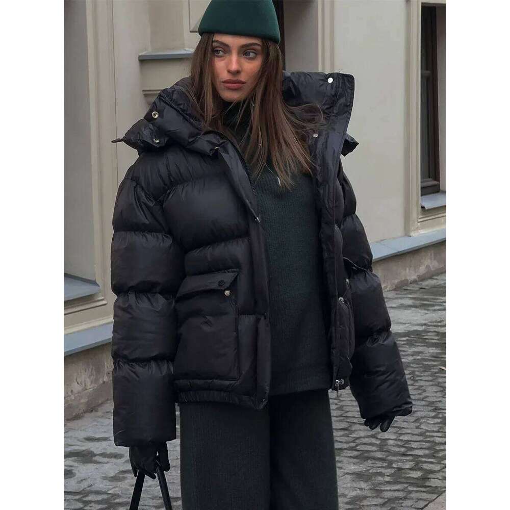Blubelle Women's New Winter Black Parkas Fashionably Simple Cotton Padded Jacket Square Pocket Warm Hooded Outerwear