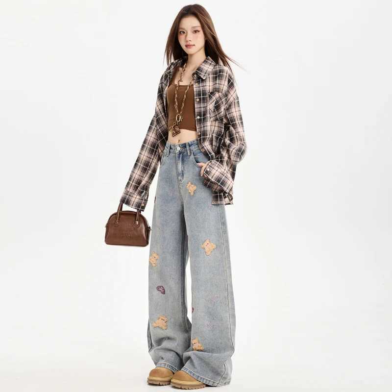 Y2K Loose Jeans Women Pants Casual Comfortable Retro Embroidery Bear Wide Leg Denim Trousers Streetwear Fashion C251110
