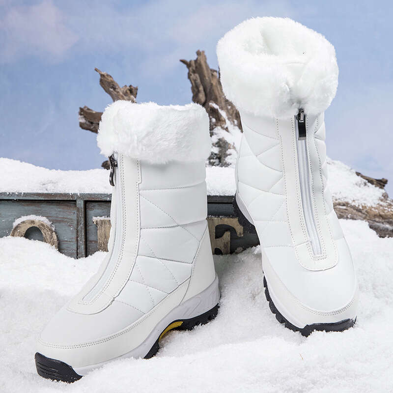 Warm Waterproof Snow Boots for Women, Fleece-Lined Thickened with Front Zipper, Northeastern Cotton Boots, Women's Winter Outdoor Shoes