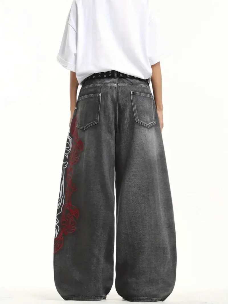 Y2K American New Pattern Embroidery Baggy Jeans Men High Streetwear Vintage Hip Hop Fashion Casual Joker Couple Wide-leg Pants C251110