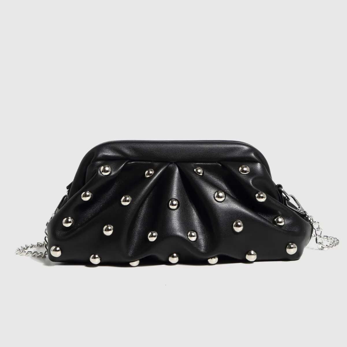 Women Black Casual Chic Vegan Leather Shoulder Bag Punk Ball Embellished Crossbody Purse Handbag With Long Strap