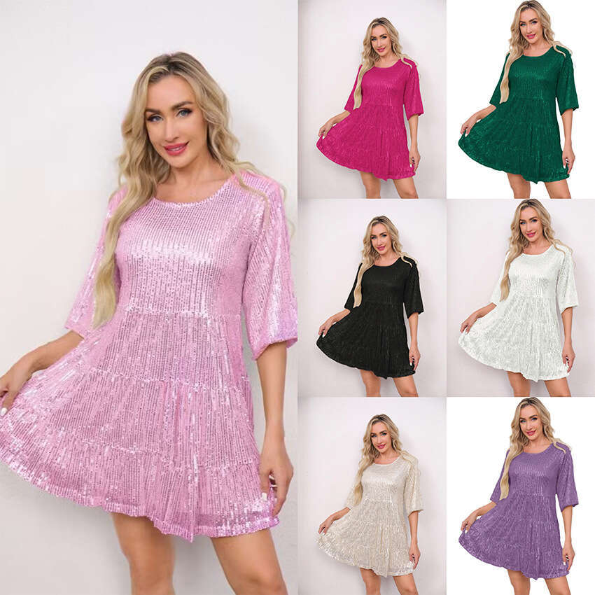 New Hot-Selling Fashion Solid Color Loose Waist Sleeve Short Sequin Party Night club maxi dress SEXY DRESSES FOR WOMEN