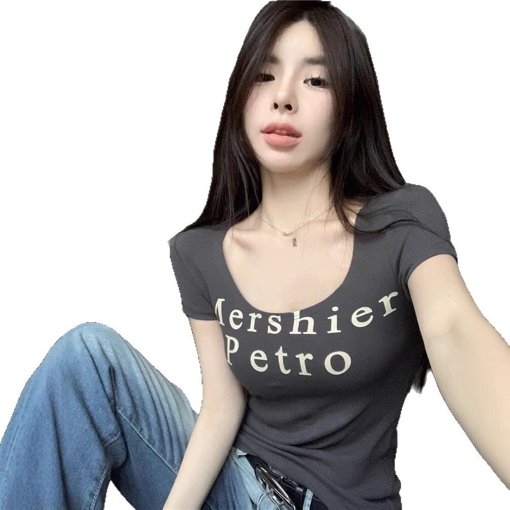 2025S Designer Women S T Shirt Letter Printed U Shaped Collar Sleeved T Shirt For Women In Summer Pure Desire Style Shoulder Length Short Base Top